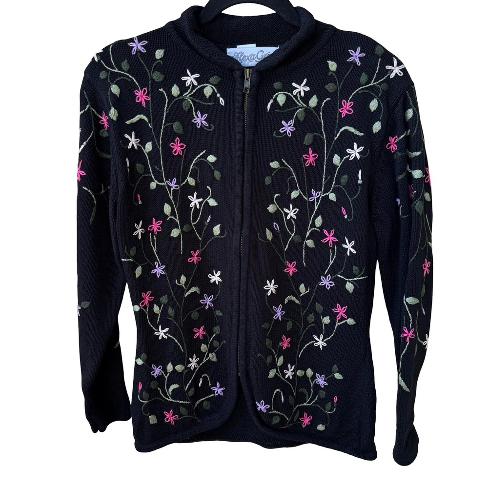 Alexa Grace Vintage Cottagecore Dark Floral Embroidered Zip Cardigan Sweater S